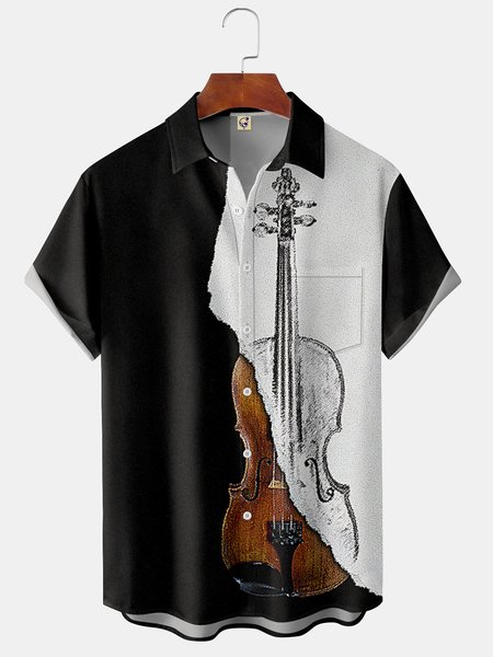 

Musical Chest Pocket Short Sleeve Lapel Hawaiian Shirt, Black, Short Sleeve Shirts