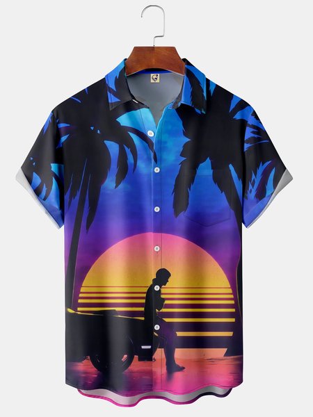 

Coconut Tree Chest Pocket Short Sleeve Hawaiian Shirt, Blue, Short Sleeve Shirts