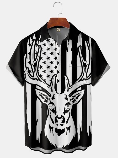 

Reindeer Chest Pocket Short Sleeve Hawaiian Shirt, Black, Short Sleeve Shirts