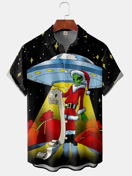 

Christmas Alien Chest Pocket Short Sleeve Hawaiian Shirt, Black, Short Sleeve Shirts