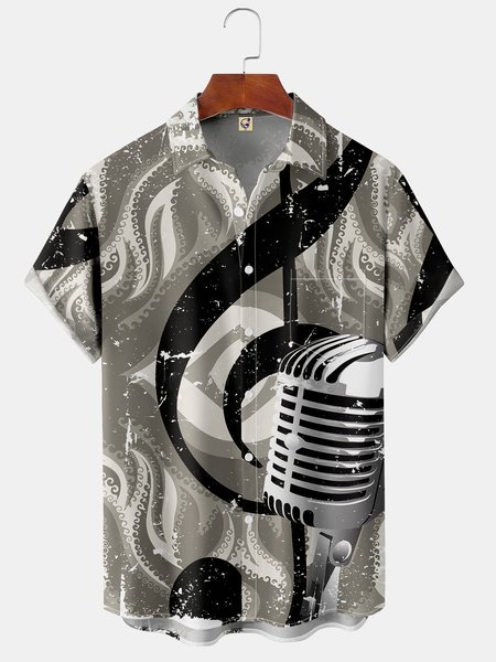 

Musical Chest Pocket Short Sleeve Lapel Hawaiian Shirt, Gray, Short Sleeve Shirts