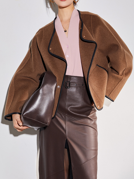 

Loose Urban Color Block Shawl Collar Long sleeve Jacket, Brown, Jackets