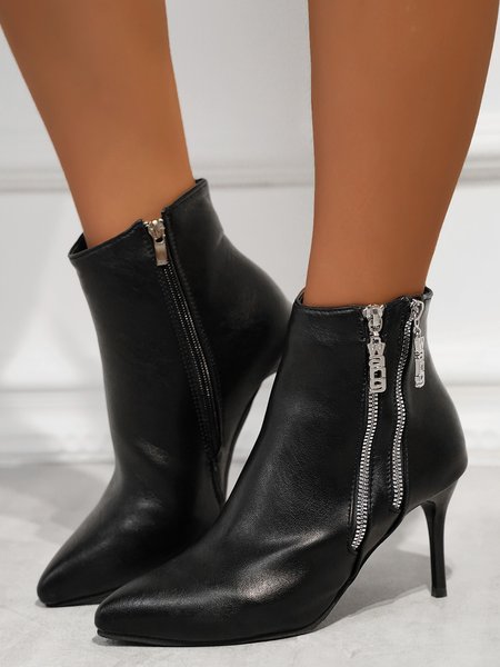 Fashion Zipper Pointed Toe Stiletto Booties, Black, Boots