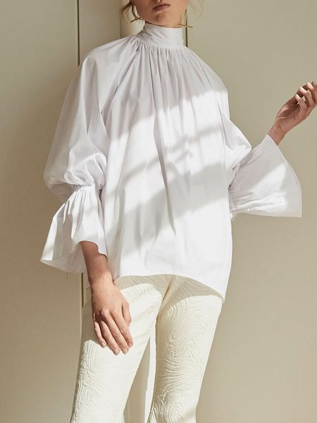 

Long sleeve Simple Stand Collar Blouse, White, Blouses and Shirts