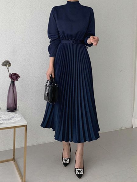 

Daily Long sleeve Regular Fit Plain Stand Collar Dress, Dark blue, Midi Dresses