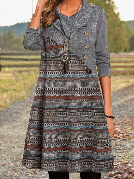 

Ethnic Floral Design Loose Sweater Skirt, Gray, Dresses