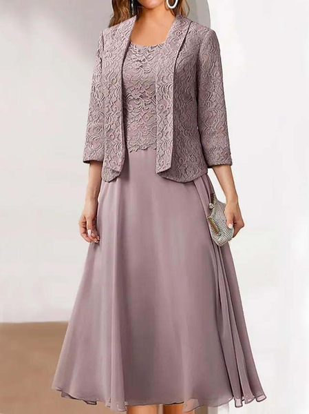 

Women's Dress Set Two Piece Dress Midi Dress Dusty Pink 3/4 Length Sleeve Embroidery Embroidered Layered Ruched Fall Winter Crew Neck Modern Mature, Formal Dresses