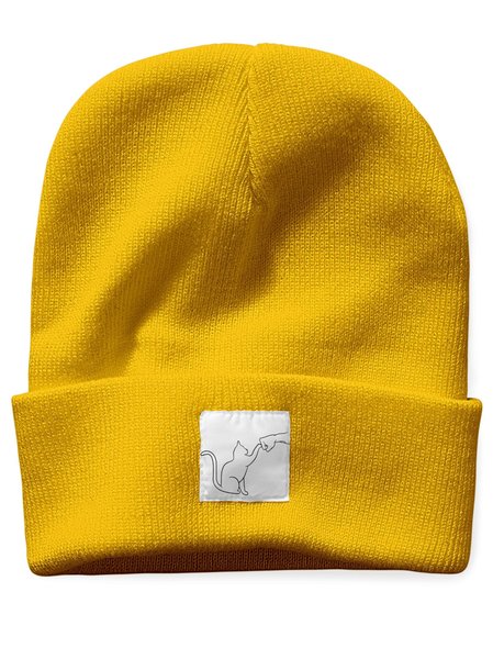 

Cat And People Animal Graphic Beanie Hat, Yellow, Hats