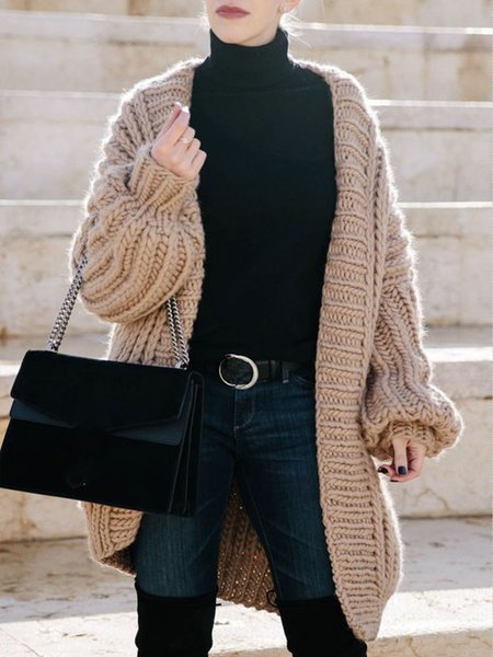 

Long sleeve V Neck Simple Loose Sweater Coat, Khaki, Cardigans
