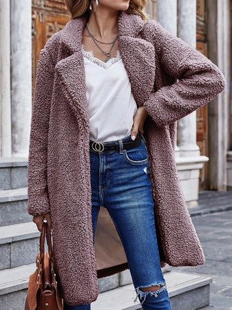 

Plain Lapel Collar Teddy Velvet Coat, Gray, Coats