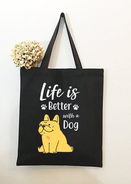 Life Is Better With A Dog Animal Graphic Shopping Tote, Black, Bags