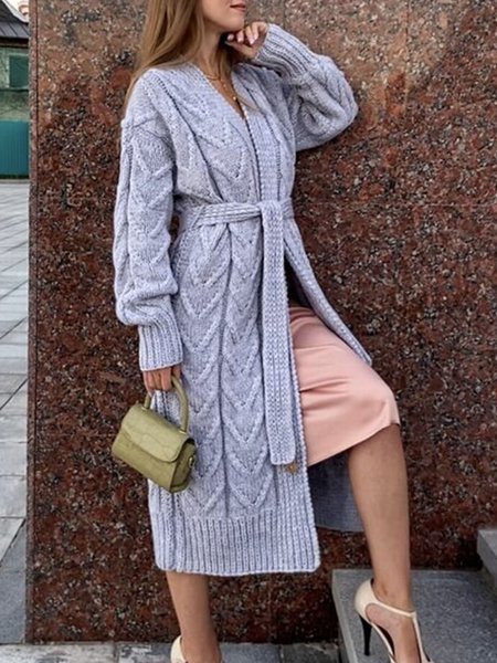 

Daily V neck Long sleeve Plain Elegant Sweater Coat, Gray, Cardigans