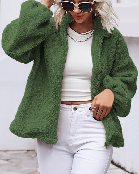 

Plain Stand Collar Casual Teddy Jacket, Green, Coats