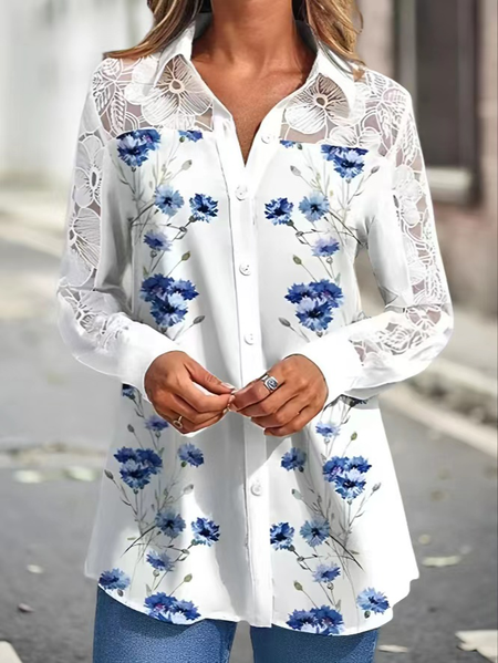 

Floral Casual Lace Blouse, White, Shirts & Blouses