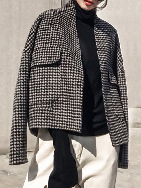 

Long sleeve Houndstooth Loose Daily Jacket, Black, Jackets