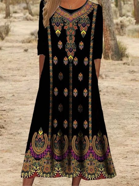 

Crew Neck Ethnic Loose Boho Dress, Multicolor, Dresses