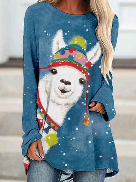 

Womens Crew Neck Christmas Casual Tops, Blue, Long sleeves