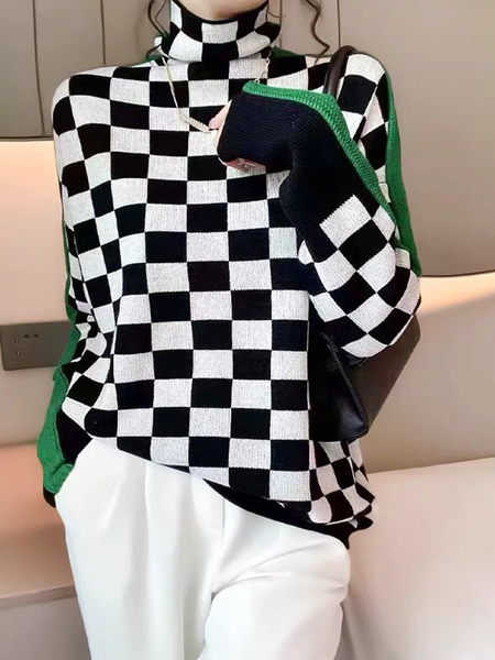 

High Elasticity Turtleneck Long sleeve Loose Plaid Sweater, Multicolor, Pullovers
