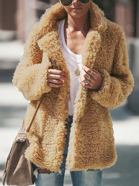 

Long Sleeve Plain Lapel Collar Casual Teddy Jacket, Yellow brown, Others