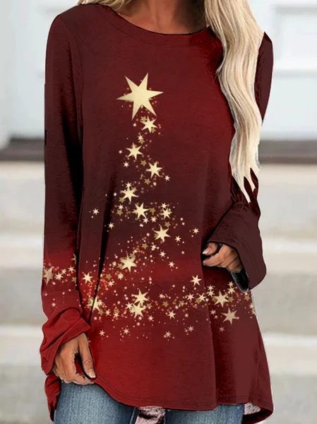 

Womens Christmas Light Star Crew Neck Casual Top, Red, Long sleeves