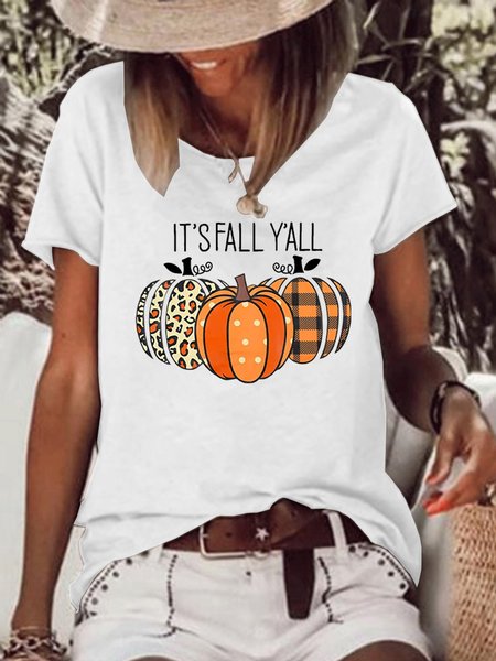 

It's Fall Y'all Shirts Women Halloween Leopard Pumpkin Cotton-Blend Simple T-Shirt, White, T-shirts