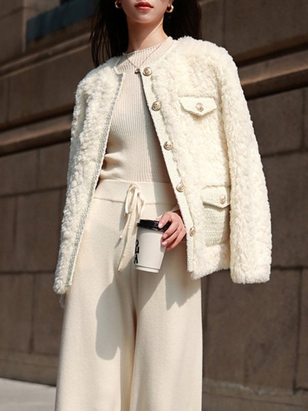 

Elegant Crew Neck Loose Teddy Jacket, White, Others