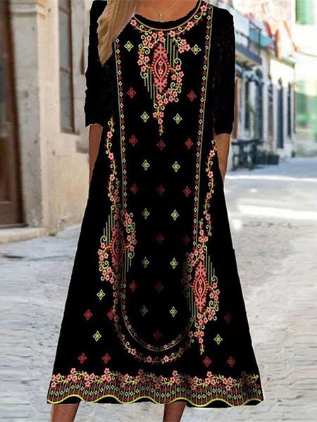 

Loose Ethnic Crew Neck Dresses, Black, Dresses