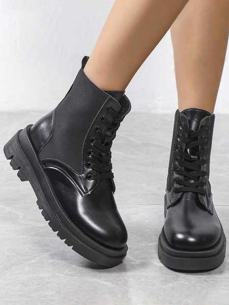 

Stylish Patchwork Black Platform Lace Up Booties Footwear, Boots