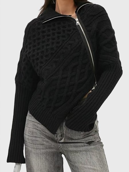 

Plain Loose Zipper Shawl Collar Sweater, Black, Pullovers
