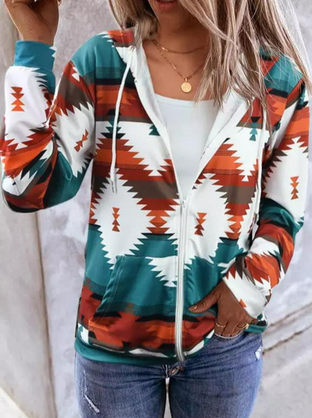 

Casual Aztec Geometric Zipper Pocket Jacket, Multicolor, Coats