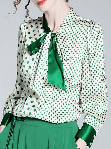 

Elegant Polka Dots Lace-up Color Block Blouse, Green, Blouses and Shirts