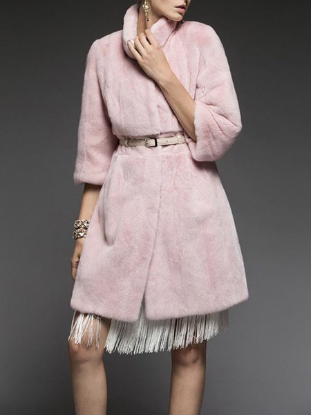 

Simple Faux Fur Crew Neck Teddy Jacket, Pink, Others