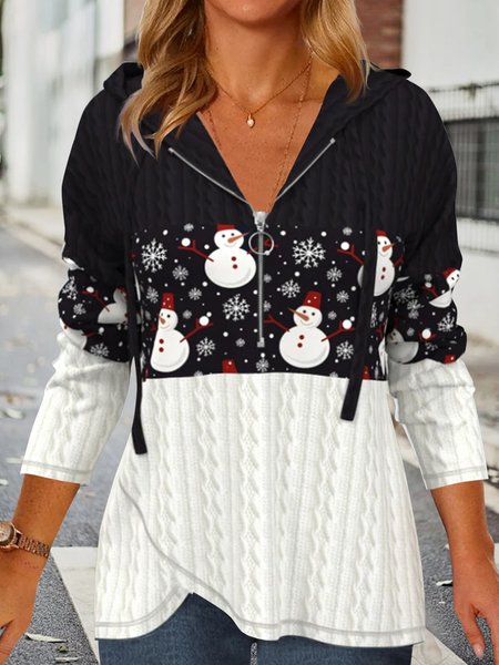 

Long sleeve zipper V-neck Hoodie stitched Christmas Snowman elastic Top T-shirt Women, Black-white, Hoodies & Sweatshirts