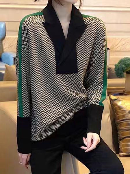 

High Elasticity Lapel Collar Urban Loose Long sleeve Sweater, As picture, Pullovers