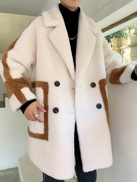

Color Block Urban Lapel Collar Teddy Jacket, White, Coats