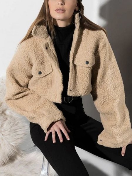 

Casual Loosen Plain Long Sleeve Teddy Jacket, Camel, Others