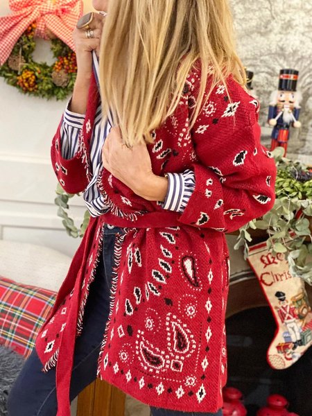 

Wool/Knitting Loose Paisley Christmas Sweater Coat, Red, Cardigans