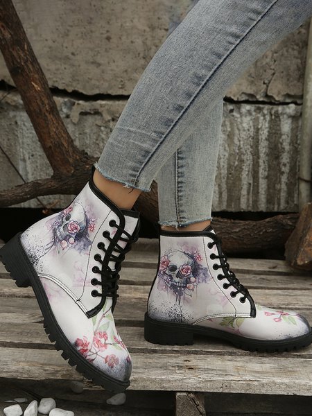 

Fashion Skull Floral Print Cropped Chunky Heel Booties Footwear, White, Boots