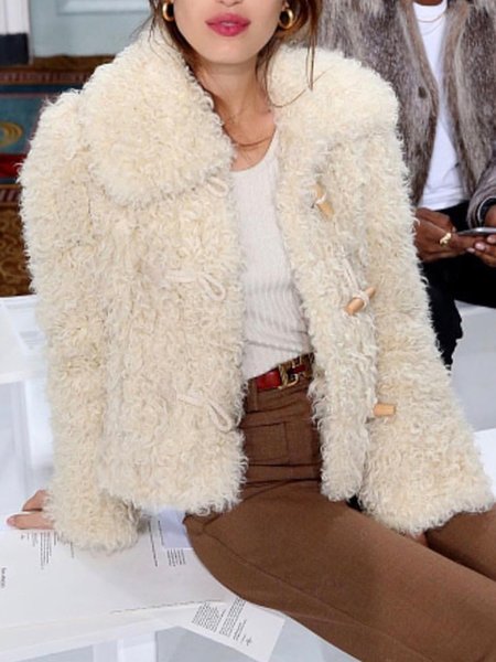 

Long sleeve Plain Shawl Collar Teddy Jacket, Apricot, Others