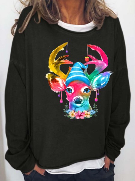 

Women Christmas Deer Colorful Pattern Casual Sweatshirts, Black, Hoodies&Sweatshirts