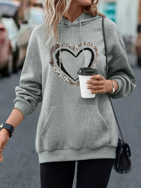 

Heart Print Hooded Loose Casual Sweatshirt, Gray, Sweatshirts & Hoodies