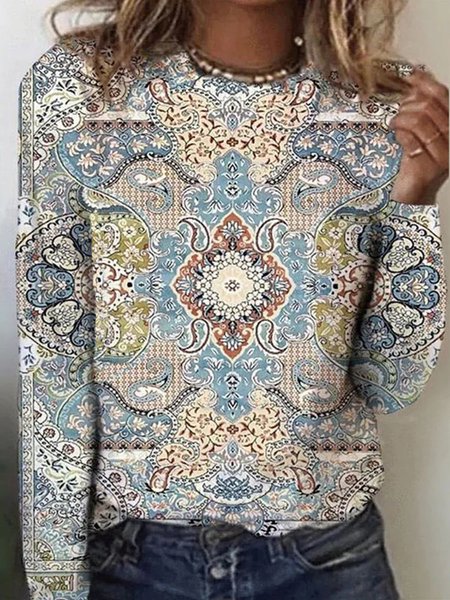 

Loose Crew Neck Ethnic T-Shirt, Multicolor, T-Shirts
