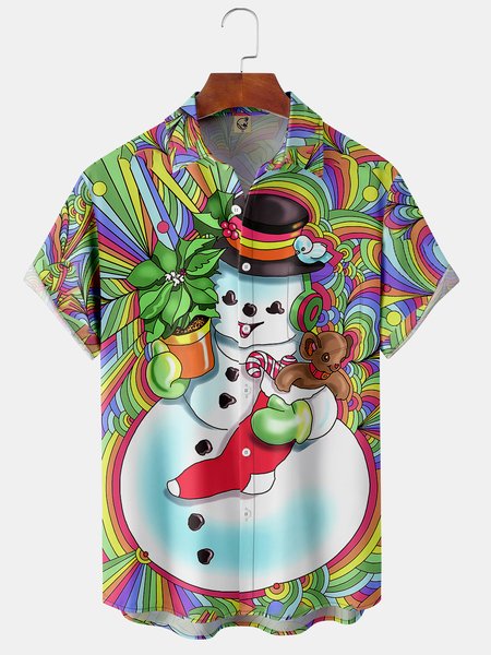 

Hippie Christmas Snowman Chest Pocket Short Sleeve Shirt, Green, Men Shirts