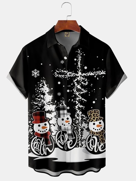 

Christmas Snowman Chest Pocket Short Sleeve Shirt, Black, Men Shirts
