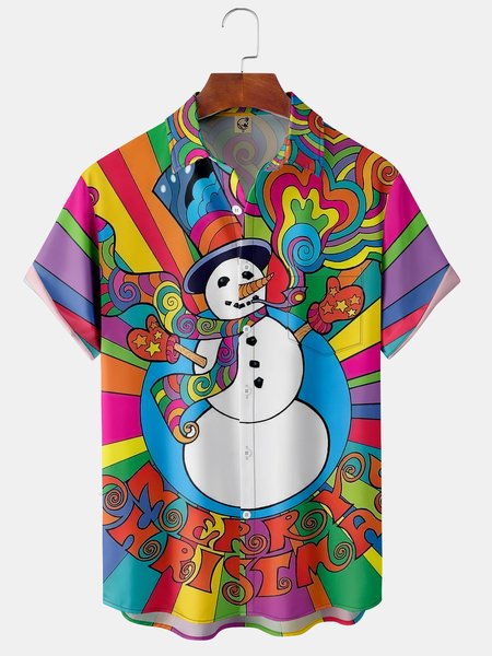 

Hippie Christmas Snowman Chest Pocket Short Sleeve Hawaiian Shirt, Red, Short Sleeve Shirts
