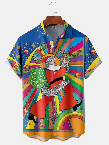 

Christmas Chest Pocket Short Sleeve Hawaiian Shirt, Blue, Men Shirts