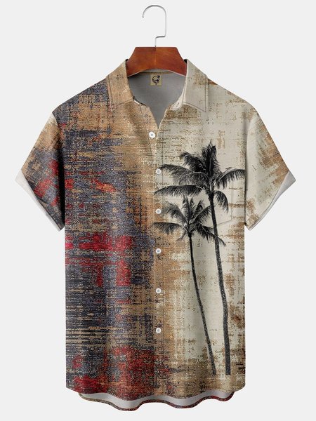 

Coconut Tree Chest Pocket Short Sleeve Hawaiian Shirt, Khaki, Men Shirts