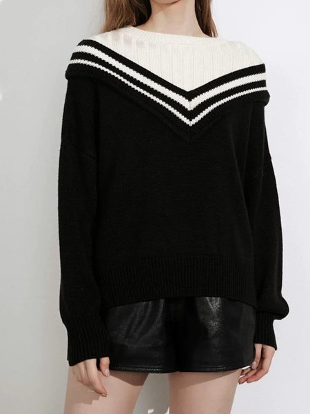 

Casual Acrylic Loose Sweater, Black-white, Pullovers