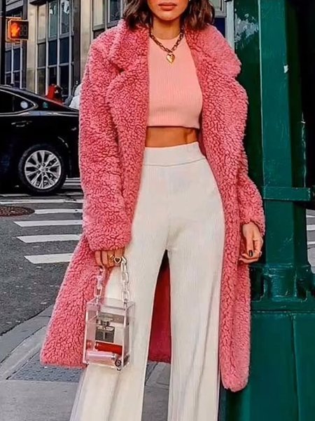 

Urban Plain Loose Teddy Mid-long Jacket, Dark pink, Coats