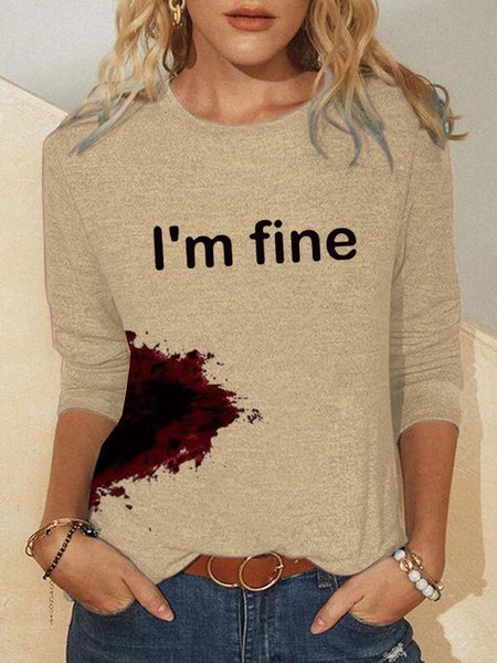 

Women's Halloween Humor Funny Bloodstained I'm Fine Printed Long Sleeve Simple Top, Khaki, Long sleeves